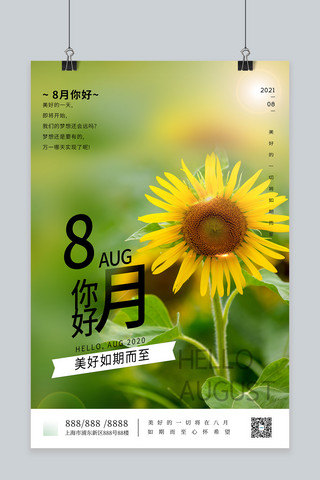 8月你好向日葵绿色文艺海报