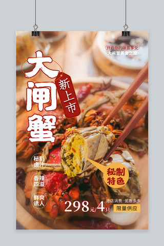 棕色美食海报模板_大闸蟹螃蟹红棕色摄影图海报