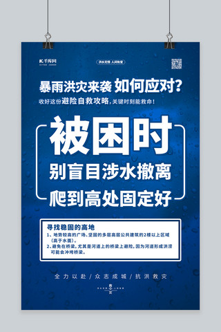 抗洪抢险自救指南蓝色简约海报自然灾害