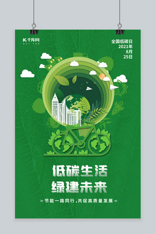 绿色剪纸海报模板_全国低碳日地球自行车绿色剪纸海报