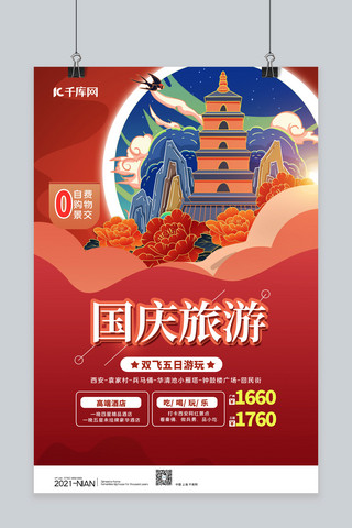 西安红色海报模板_国庆旅游西安景点红色简约海报