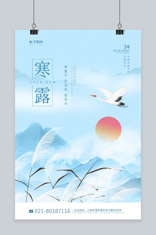 寒露芦苇远山白鹭蓝色中国风节气海报