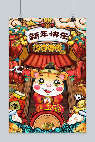 新年海报国潮风海报模板_新年快乐春节新年红色国潮风海报