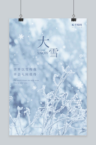 下雪雪花海报模板_大雪节气祝福实景蓝白色简约海报