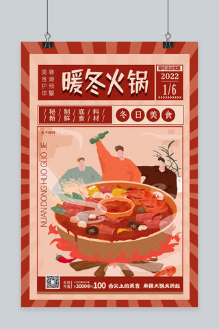 复古风餐饮海报模板_暖冬火锅红色复古海报