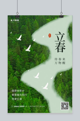 树林和花海报模板_立春节气树林 鸟绿色简约海报