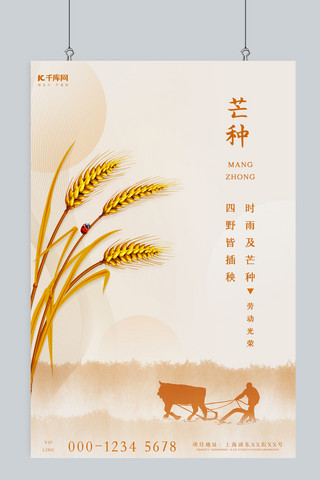 芒种稻子棕色中国风海报