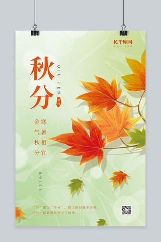 秋季秋分节气枫叶枝浅色简约海报