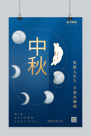 中秋节兔子中秋海报模板_创意中秋节兔子月亮蓝色简约节日海报