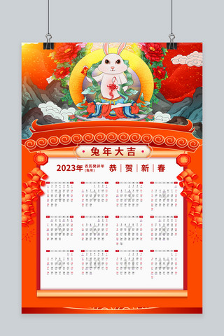 兔年吉祥新年日历挂历兔子红色中国风海报