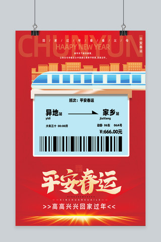 创意春节平安春运回家车票火车红色中国风海报