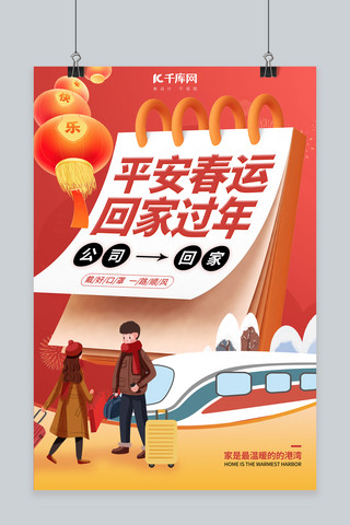 春运红色回家海报模板_平安春运回家过年返乡春节高铁红色中国风海报