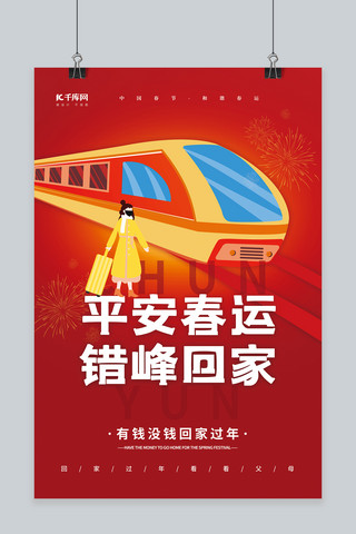 高铁素材海报模板_平安春运错峰回家高铁动车素材红色创意简约海报