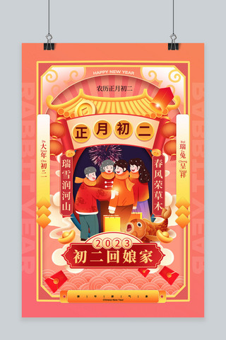 春节大年初二海报模板_大年初二年俗回娘家粉色中国风海报