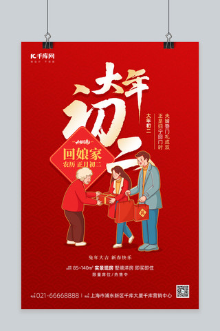 春节年俗大年初二回娘家红色简约海报