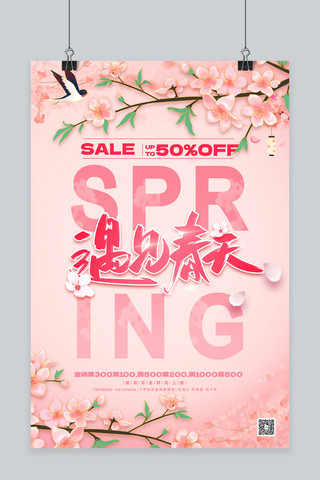 花季促销海报海报模板_遇见春天花朵花枝粉色简约海报
