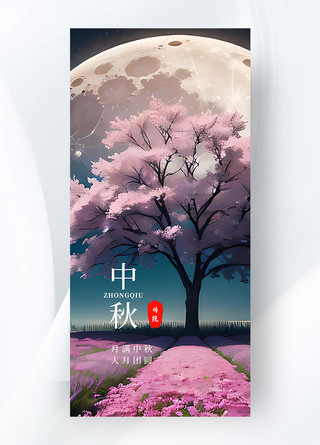 中秋节月亮插画海报模板_中秋节月亮樱花树粉色AIGC插画海报