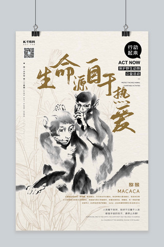 公益动物海报海报模板_公益保护动物猴子栗色水墨风海报