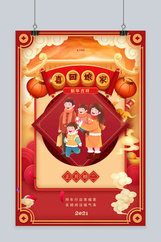 春节年俗大年初二红色中国风海报