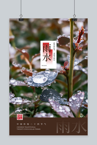 雨水节气树叶红色简约中式海报