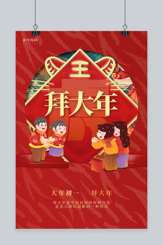 红色新年习海报模板_新年习俗套图人物红色喜庆海报