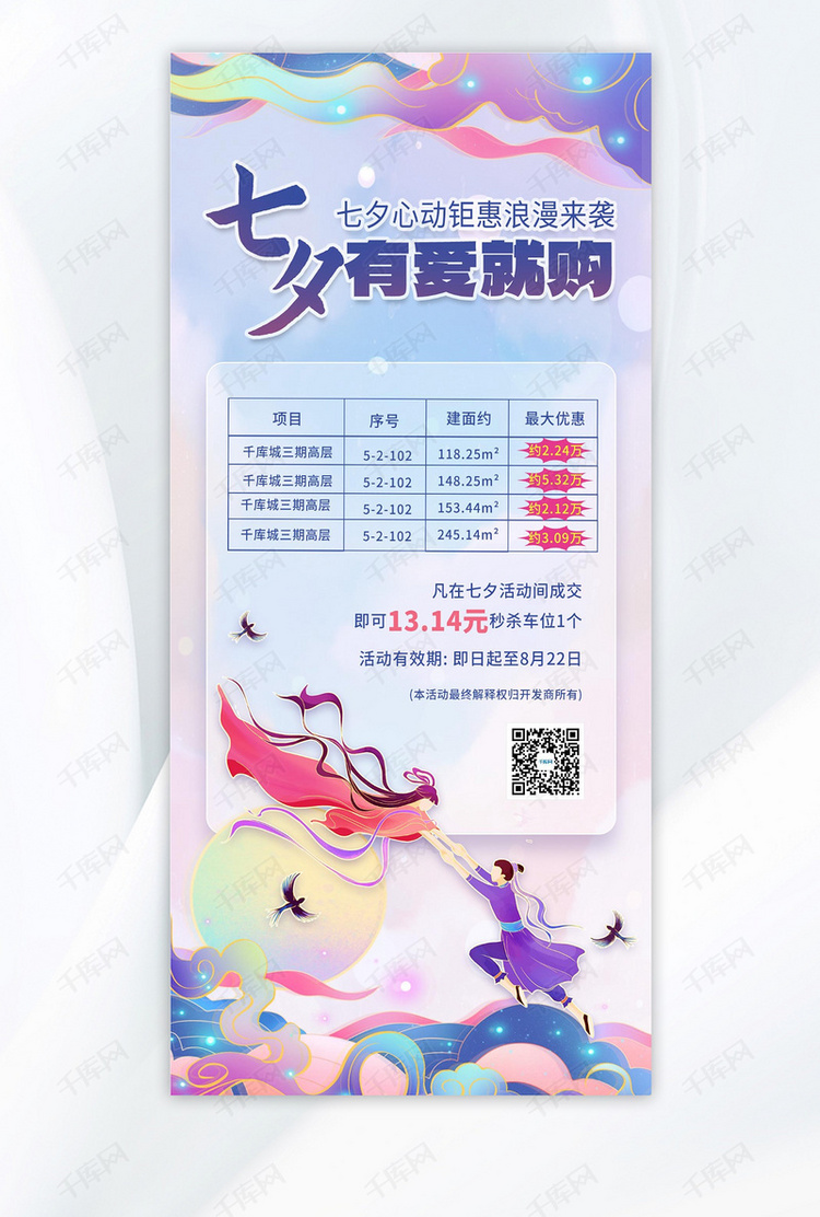 七夕购房牛郎织女紫色中国风广告营销海报