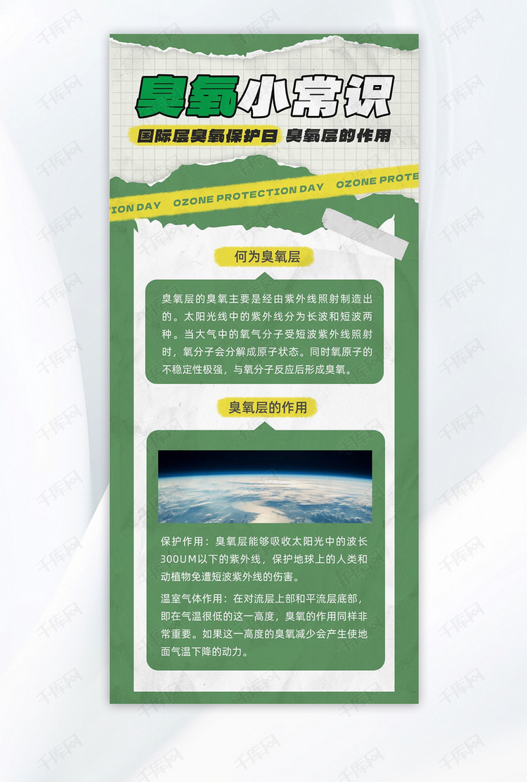 国际臭氧层保护日地球绿色黄色撕纸全屏广告宣传海报