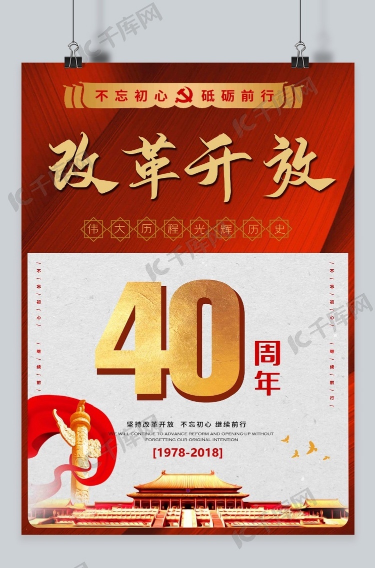深红色系改革开放40周年主题海报
