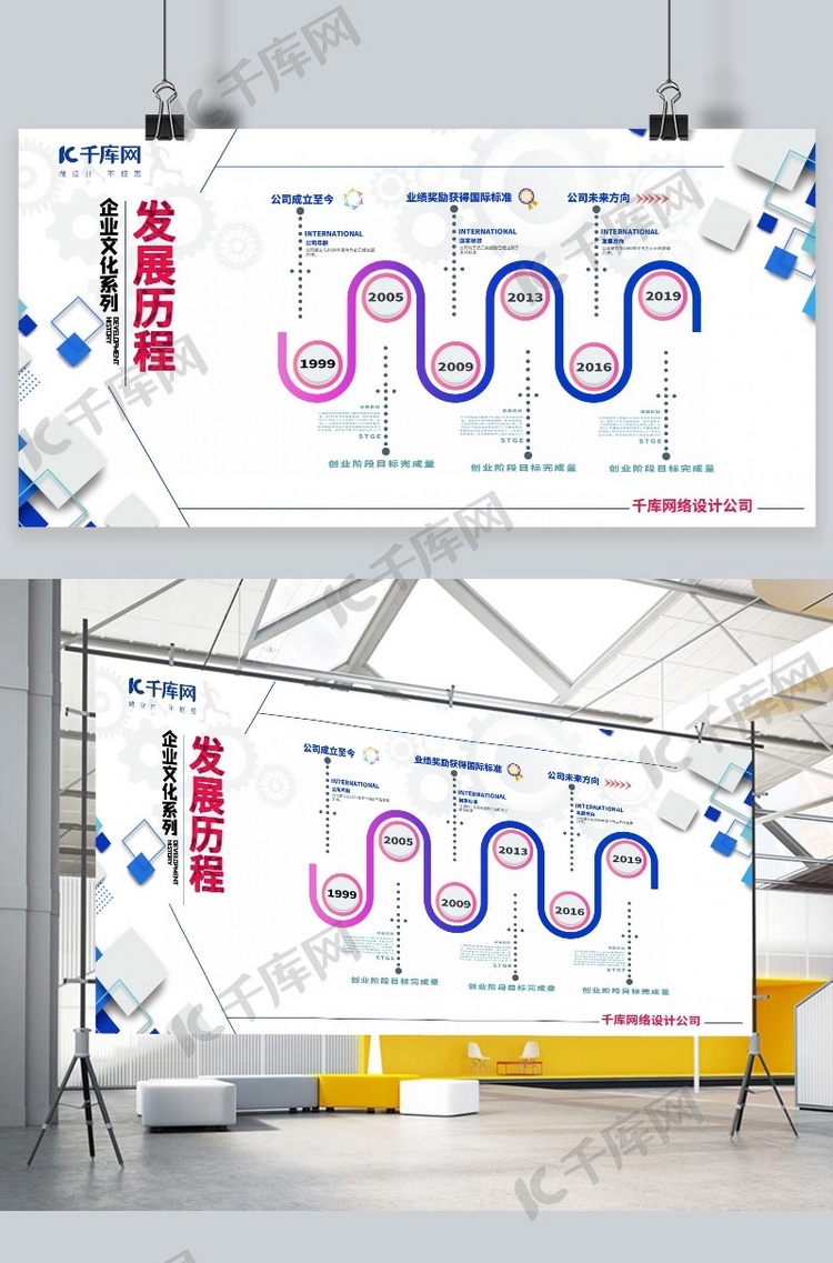 企业发展历程齿轮蓝色商务展板