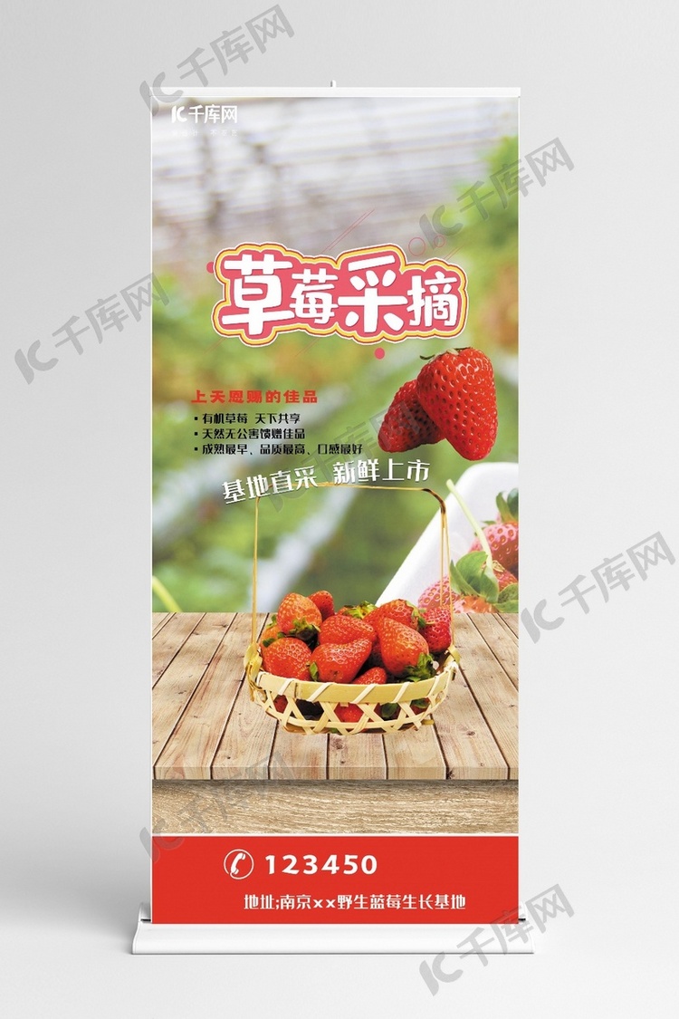 水果促销草莓采摘红色简约展架