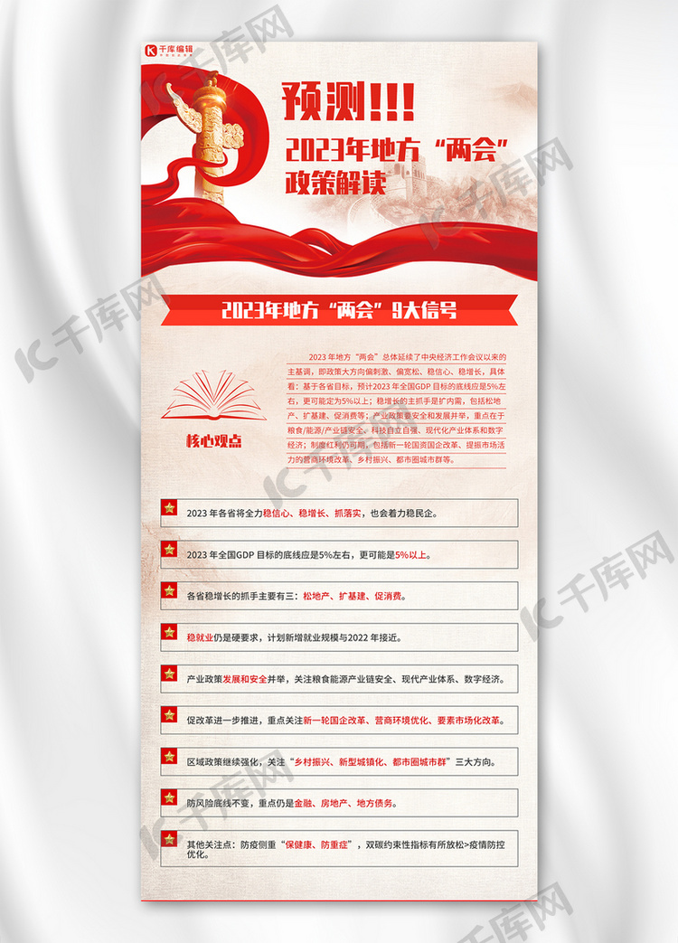 2023两会政策解读红色官方中国风海报