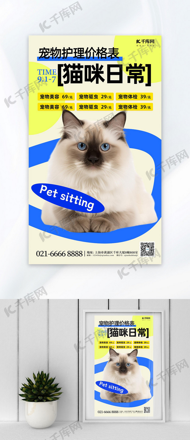宠物护理猫咪蓝色简约促销广告营销海报