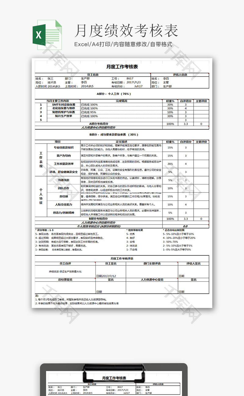 人力资源月度绩效考核表Excel模板