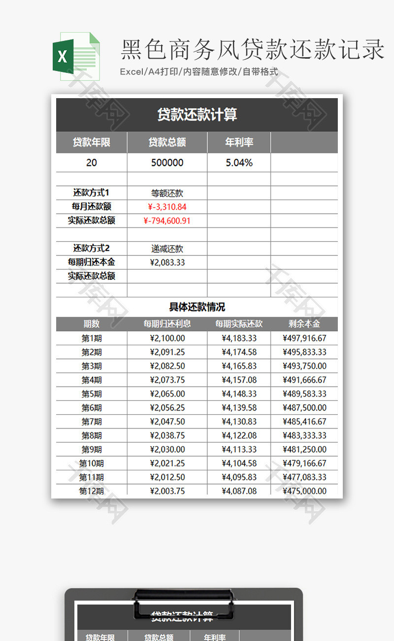 个人 黑色商务风贷款还款记录 Excel