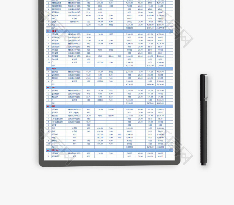 财务房屋装修预算表excel模板