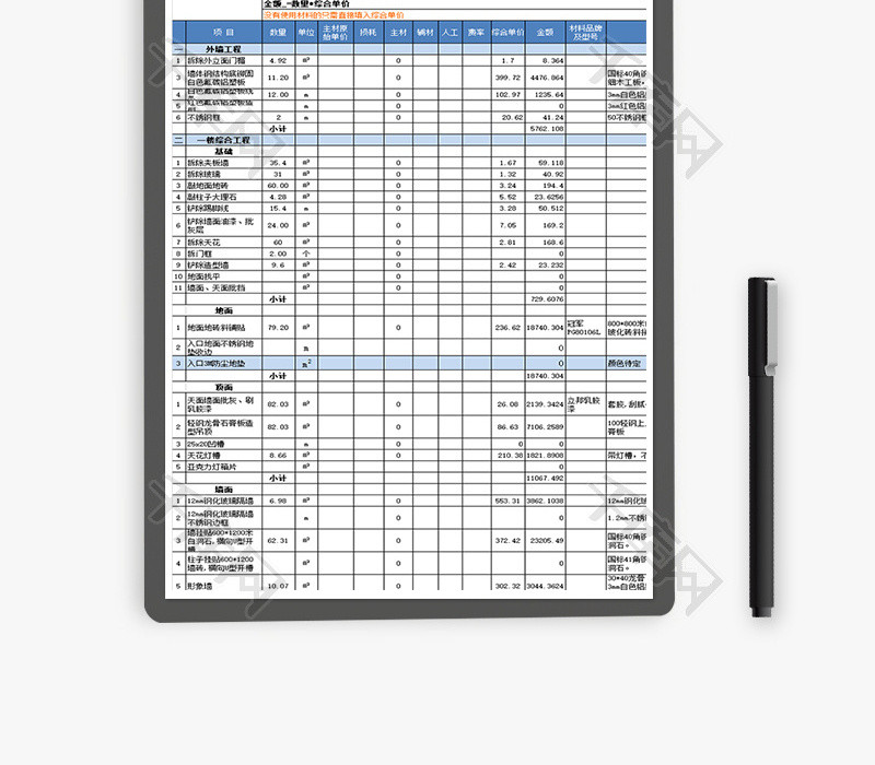 财务装饰装修工程预算表excel模板