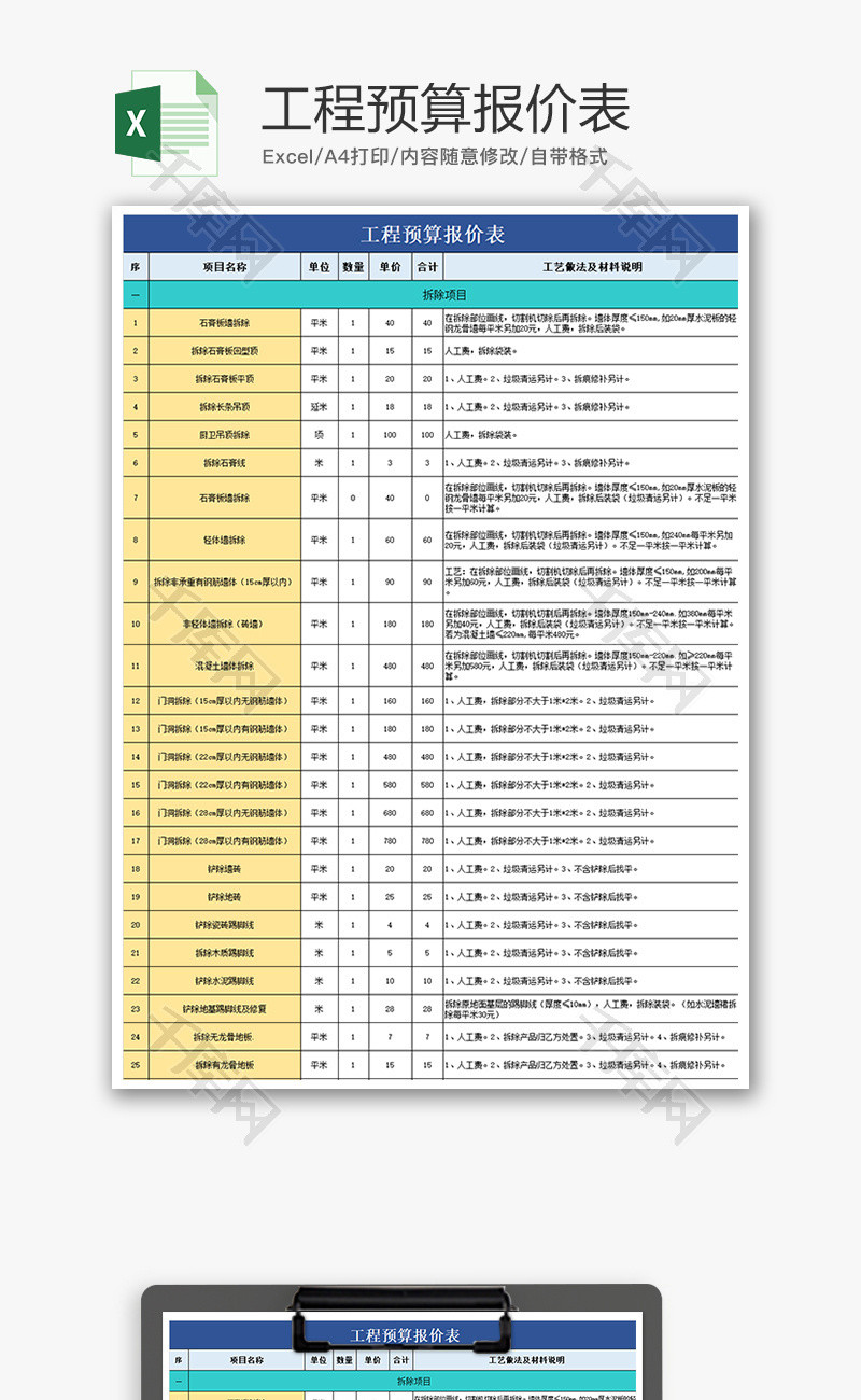 财务工程预算报价表excel模板