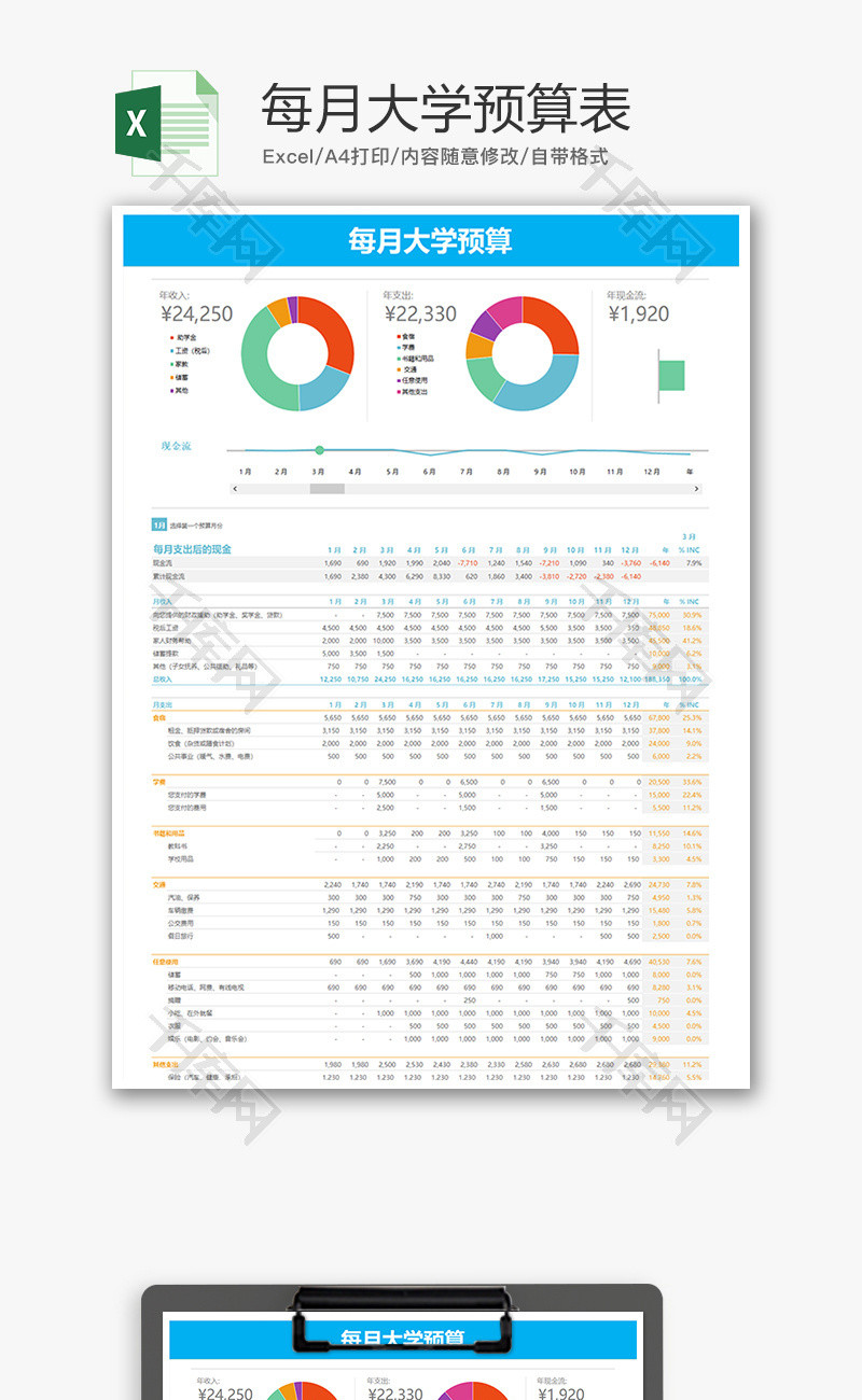 财务每月大学预算表饼形图excel模板