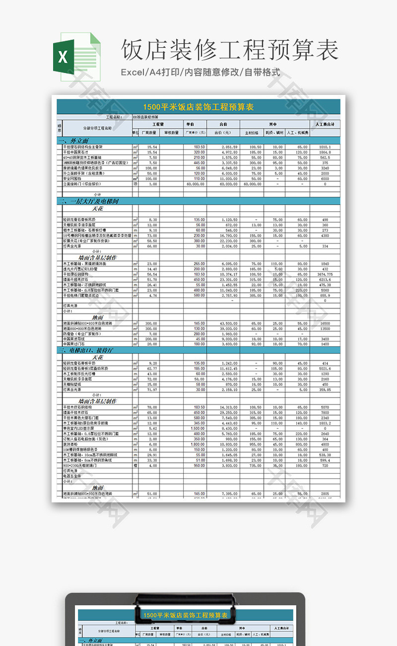 财务饭店装饰工程预算表excel模板