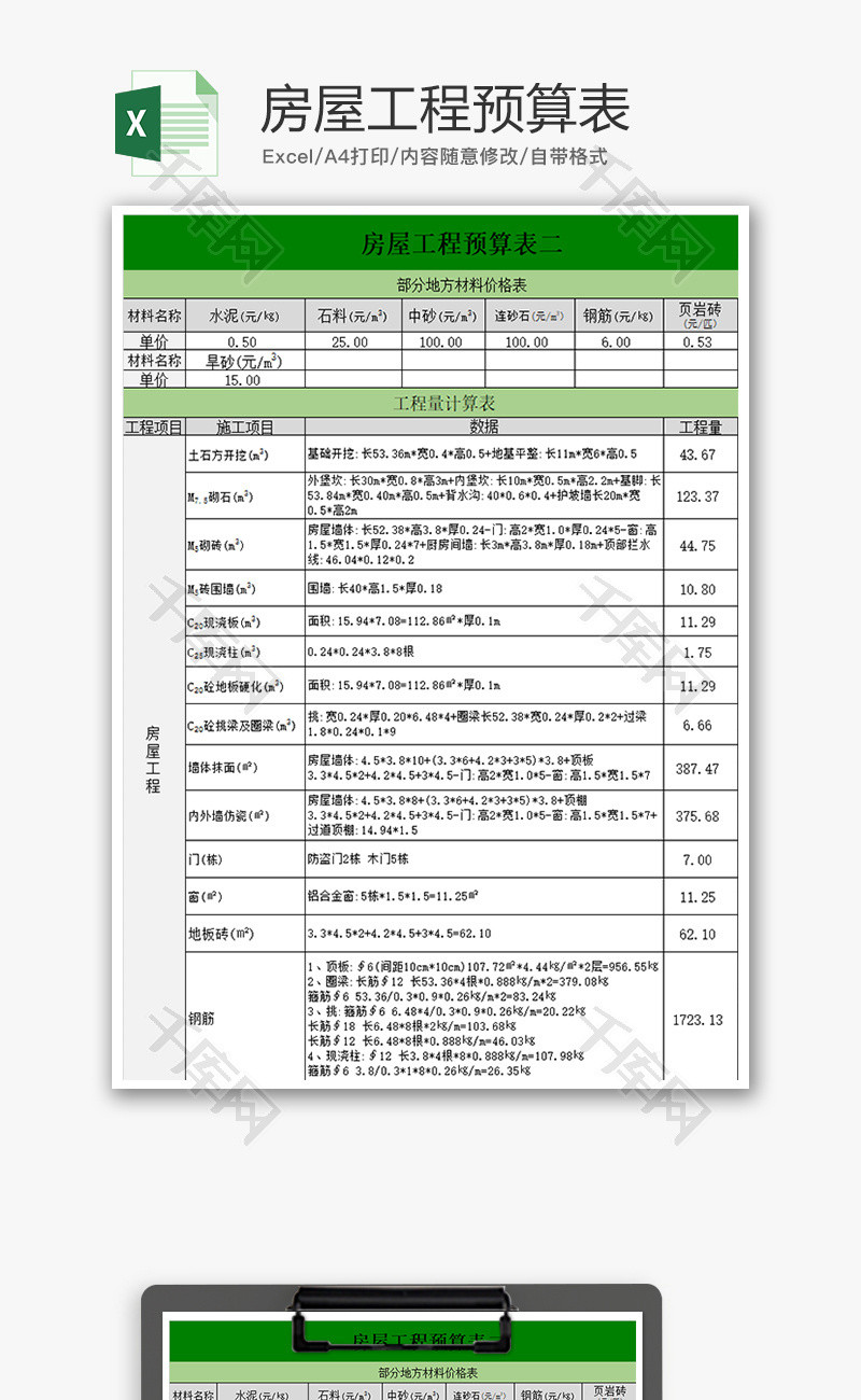 财务房屋工程预算表excel模板