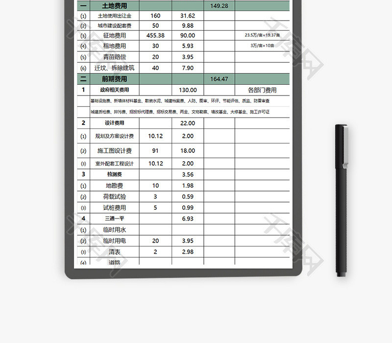 财务建筑成本估算表excel模板