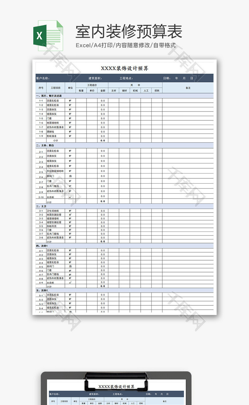财务室内装修预算表excel模板