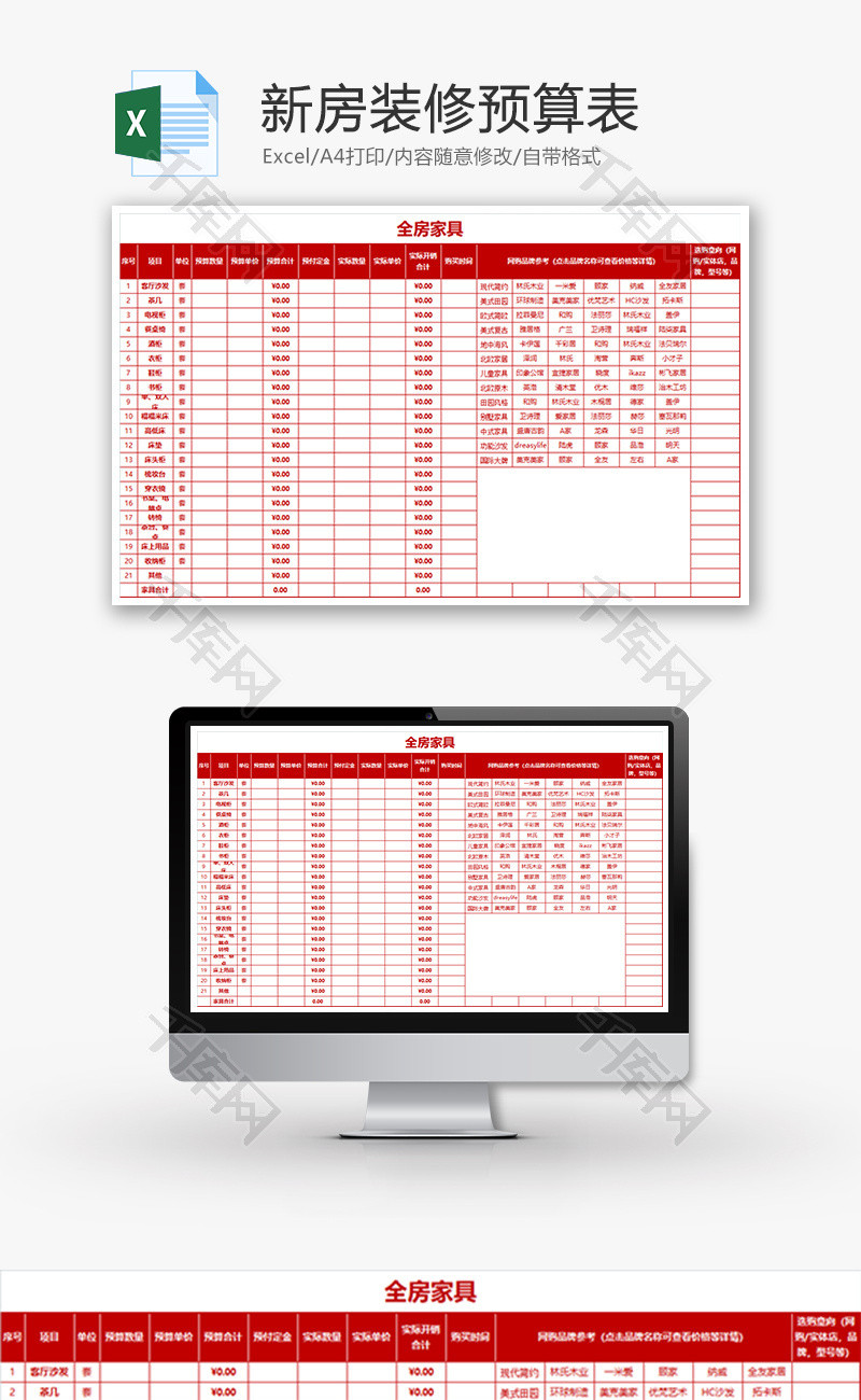 财务新房装修预算表excel模板
