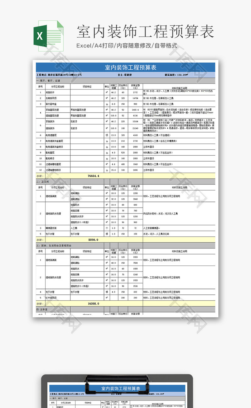 财务室内装修工程预算表excel模板