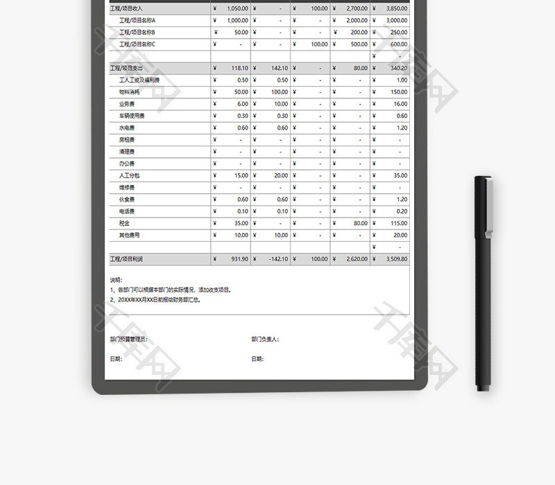 财务工程项目资金收支预算表excel模板