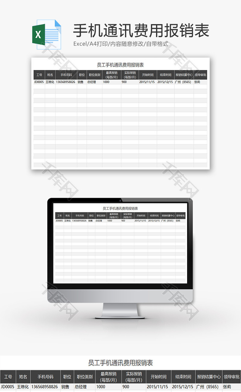 财务员工手机通讯费用报销表excel模板