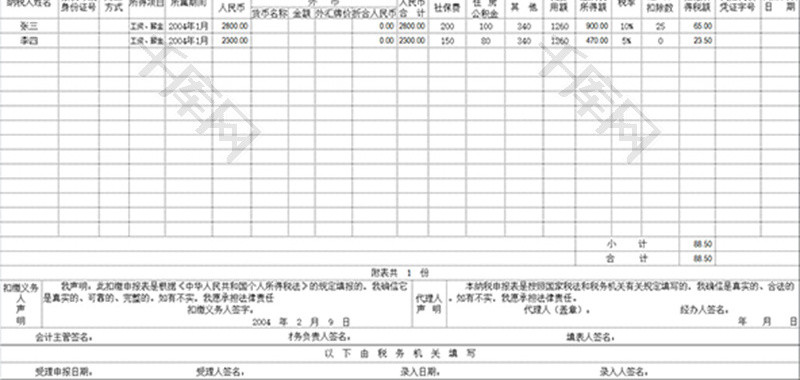 财务扣缴个人所得税明细报告excel模板