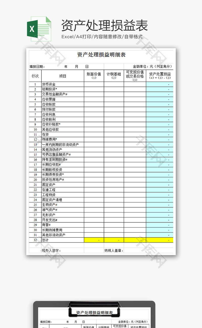 财务资产处理损益表excel模板