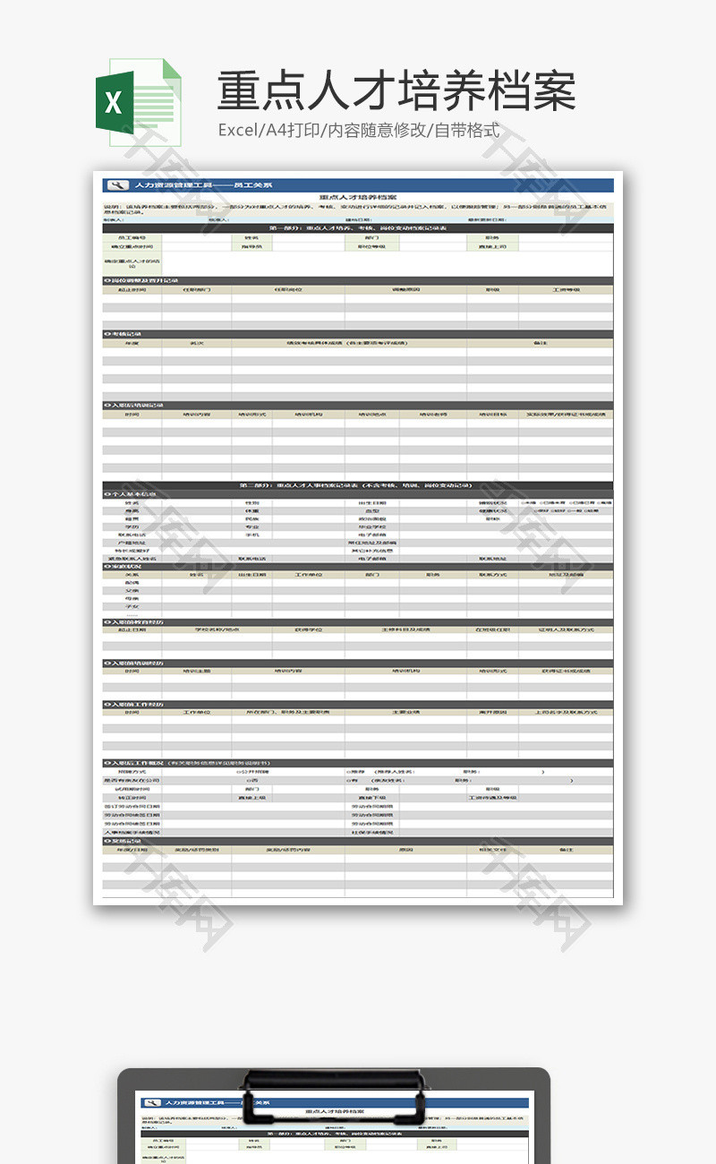 重点人才培养档案Excel模板