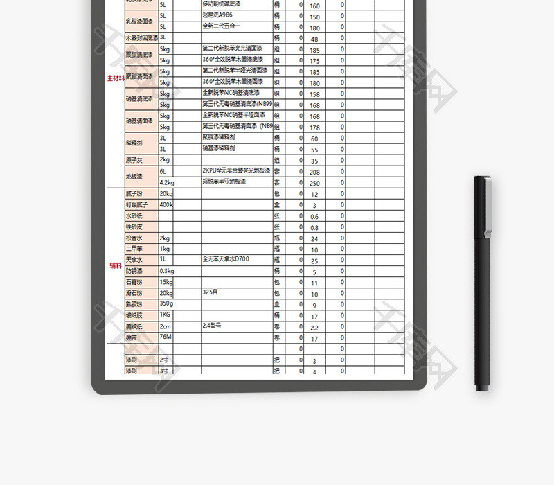 油漆工材料试算清单Excel模板